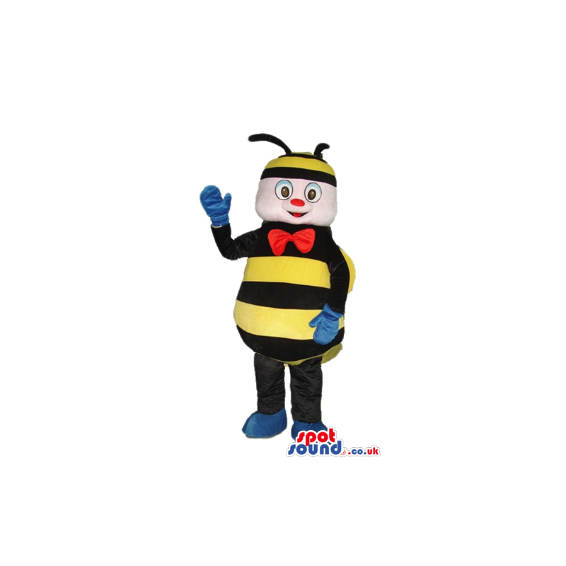 Bee with a striped black and yellow cap wearing blue gloves and