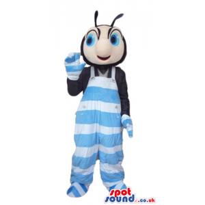 Bug wearing a black shirt and striped light-blue and white