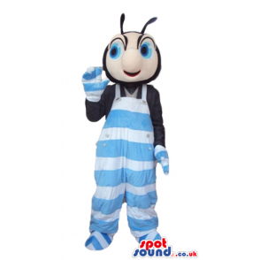 Bug wearing a black shirt and striped light-blue and white