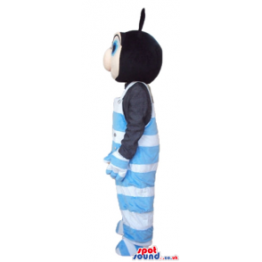 Bug wearing a black shirt and striped light-blue and white