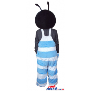 Bug wearing a black shirt and striped light-blue and white