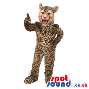 Delighted looking leopard mascot with pink nose and tongue