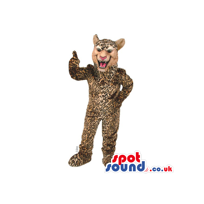 Delighted looking leopard mascot with pink nose and tongue -