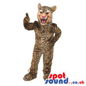 Delighted looking leopard mascot with pink nose and tongue -