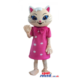 White cat with big blue eyes wearing a pink dress with white