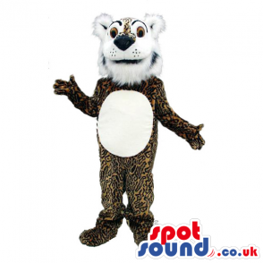 Leopard mascot with fluffy white beard, underbelly and black