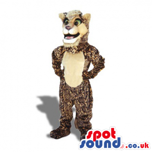 The cheerful and cuddly brown leopard mascot with huge eyes -