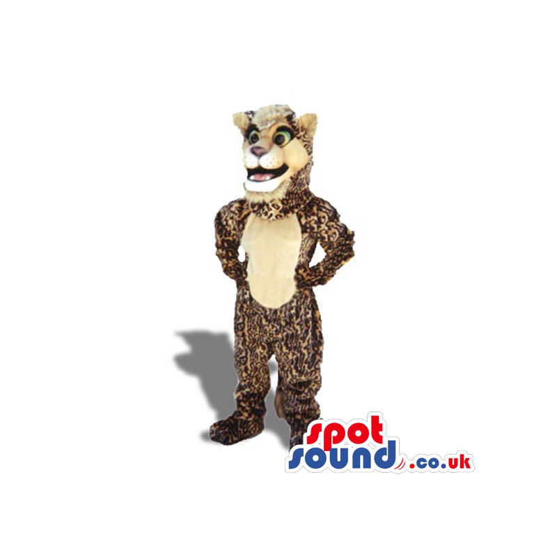 The cheerful and cuddly brown leopard mascot with huge eyes -