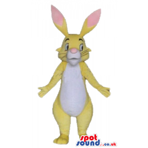 Yellow rabbit with yellow and pink ears and a white belly -