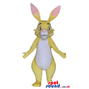 Yellow rabbit with yellow and pink ears and a white belly -