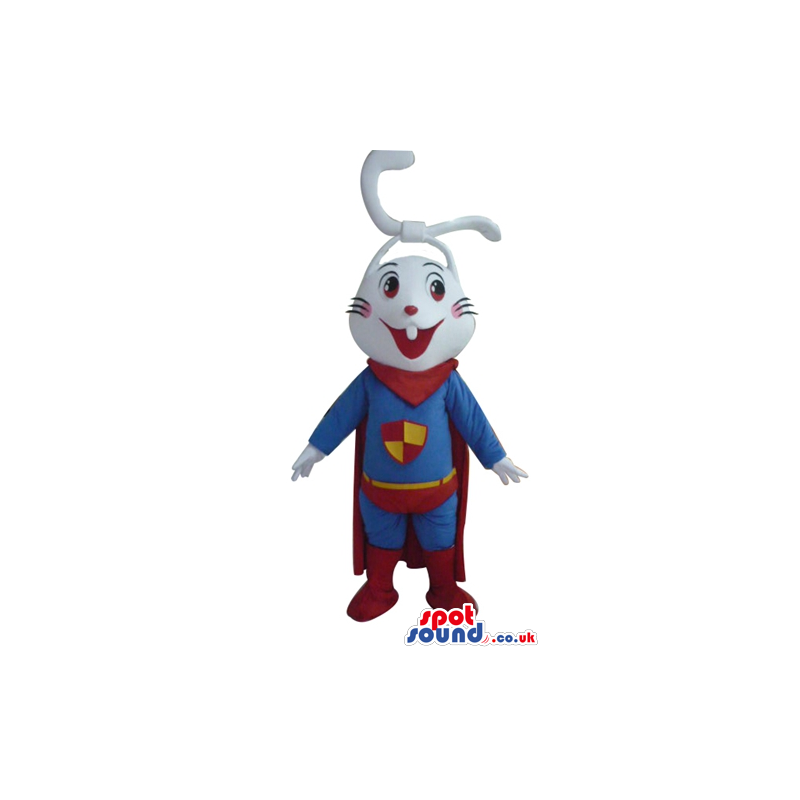 Smiling white rabbit in a blue and red superhero suit with a