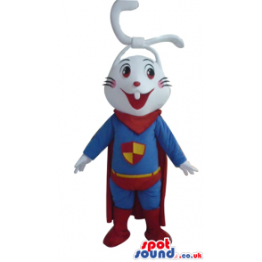 Smiling white rabbit in a blue and red superhero suit with a