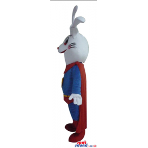 Smiling white rabbit in a blue and red superhero suit with a