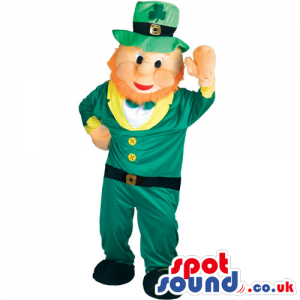 An Irish man mascot with ginger hair and beard and green costume