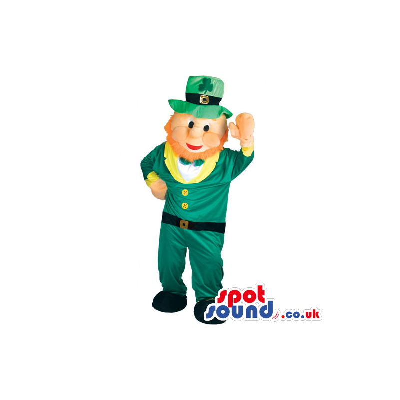 An Irish man mascot with ginger hair and beard and green