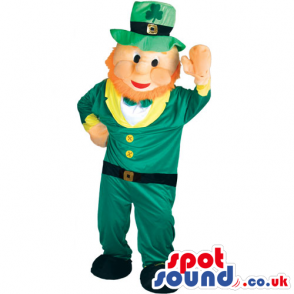 An Irish man mascot with ginger hair and beard and green