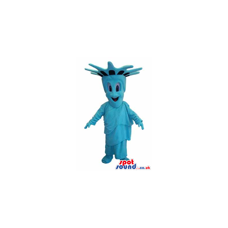 A blue smiling mascot representing the Statue of Liberty -