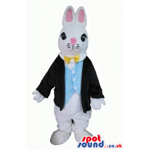 White rabbit with a pink nose and ears wearing a yellow bowtie