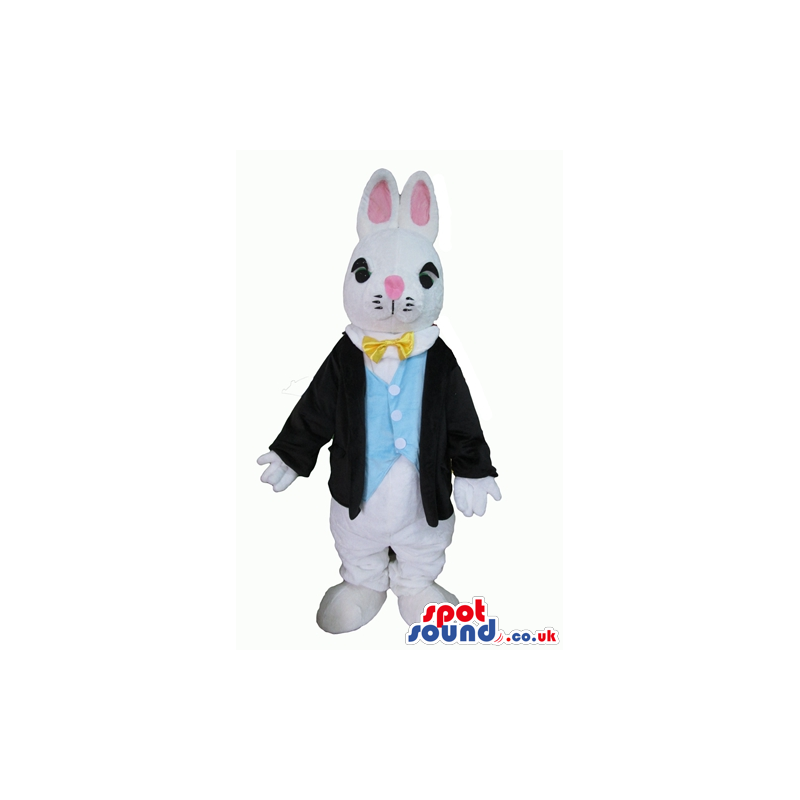 White rabbit with a pink nose and ears wearing a yellow bowtie