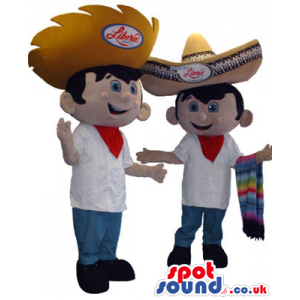 Two Man Mascots with big hats, red scarves and white T-shirts -
