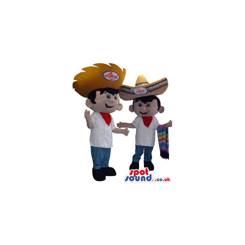 Two Man Mascots with big hats, red scarves and white T-shirts -