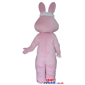 White and pink rabbit with a red nose and blue eyes wearing a