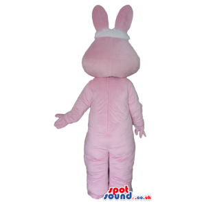 White and pink rabbit with a red nose and blue eyes wearing a