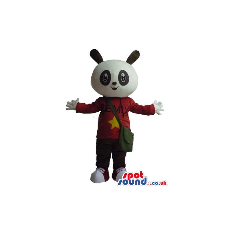 Panda bear wearing brown trousers, red shoes and a red sweater