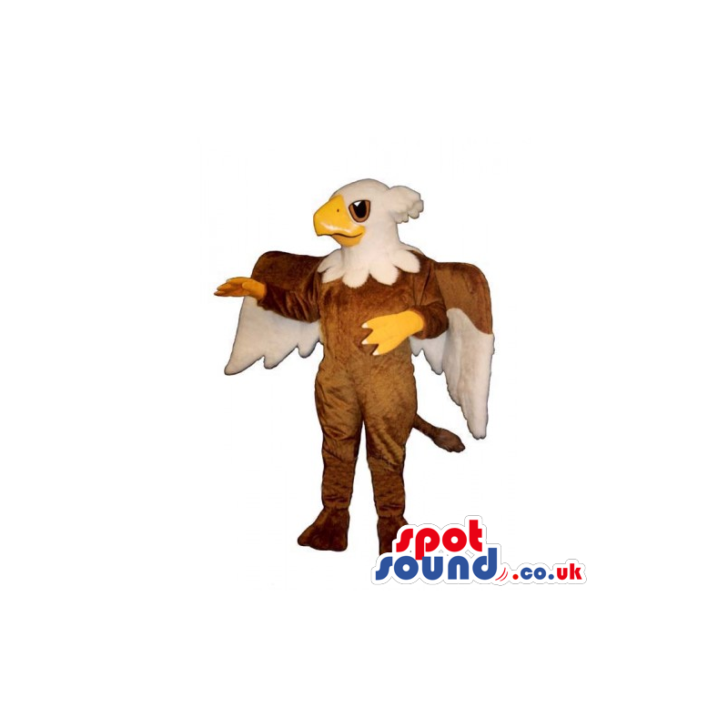 An eagle-headed brown mascot with huge wings and a fancy tail -