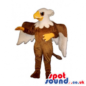 An eagle-headed brown mascot with huge wings and a fancy tail -