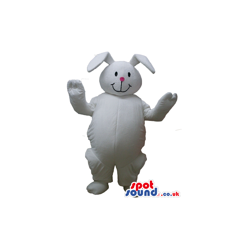 Smiling fat white rabbit with a small pink nose - Custom Mascots