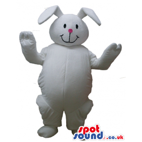 Smiling fat white rabbit with a small pink nose - Custom Mascots