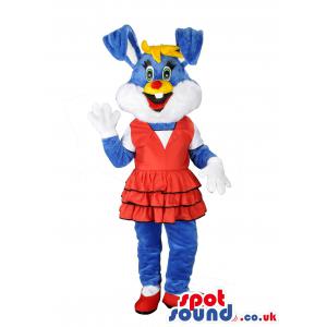 Bunny mascot in a red frock and shoe and in yellow ribbon, -