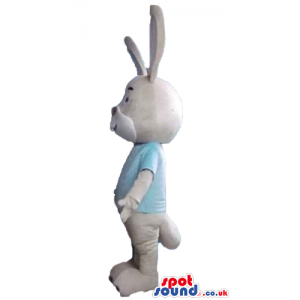 Beige and grey rabbit wearing a light-blue tshirt seen from