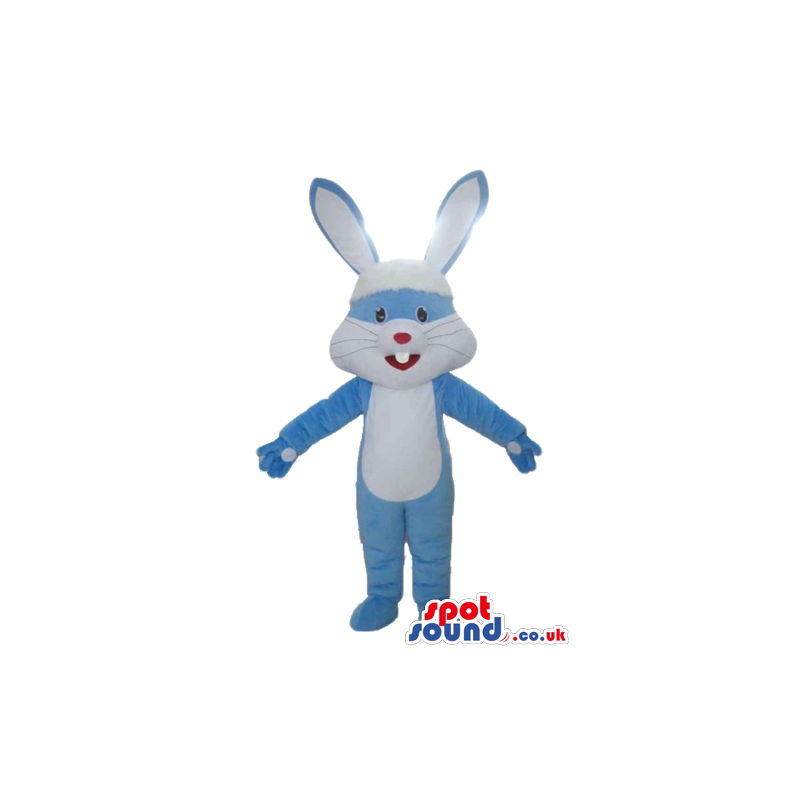 Smiling light-blue and white rabbit with a small red nose -