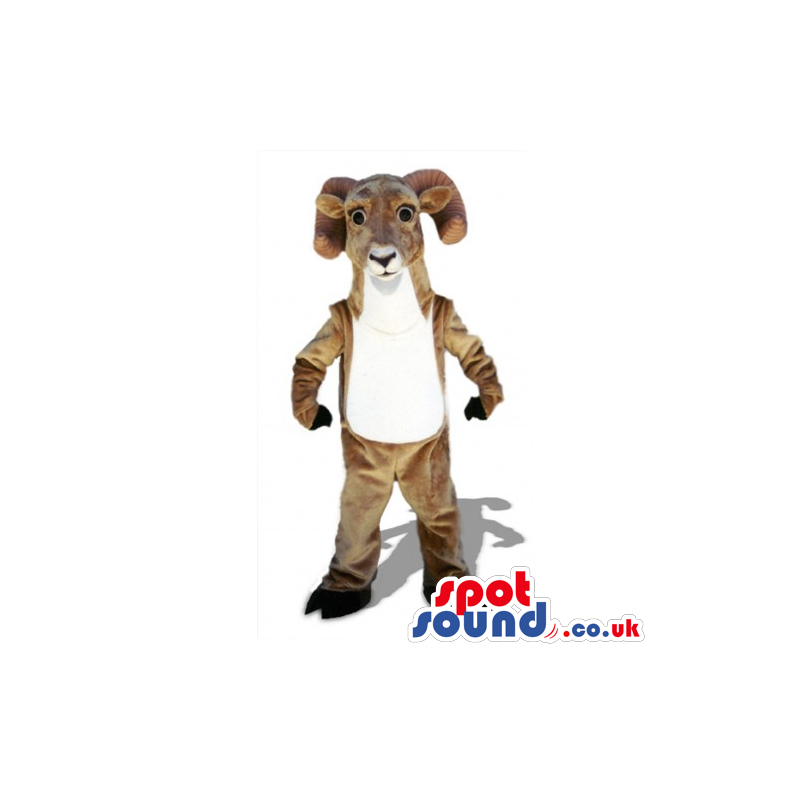 Light brown goat mascot with cute look and big black hooves -