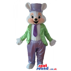 Rabbit wearing a purple tophat, tie and trousers and a green