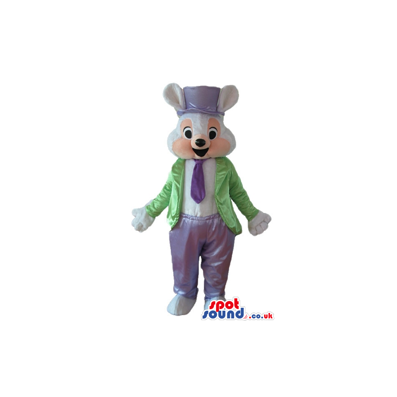 Rabbit wearing a purple tophat, tie and trousers and a green