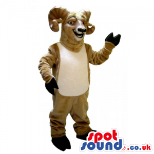 Brown goat mascot with laughing mouth and beautiful horns -