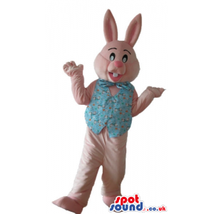 Pink rabbit wearing a printed light-blue vest and bow tie -