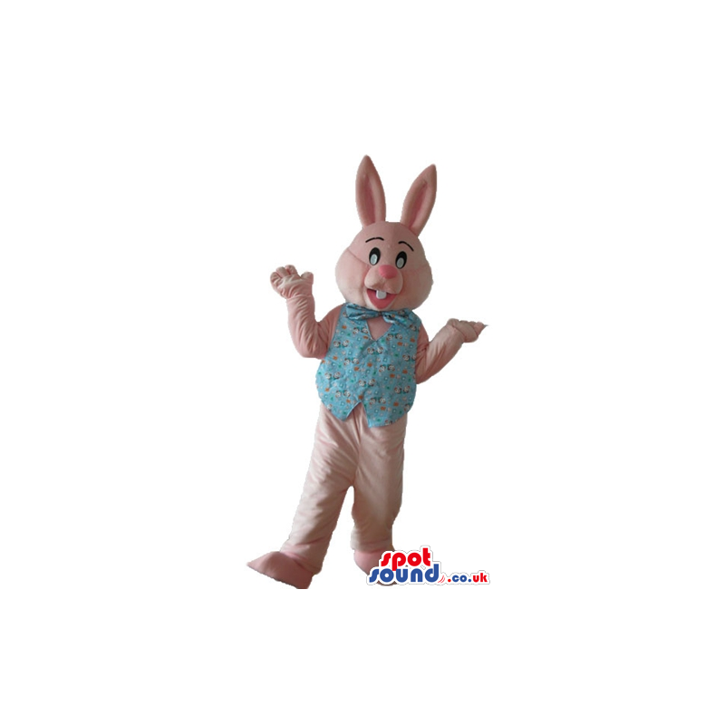 Pink rabbit wearing a printed light-blue vest and bow tie -