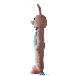 Pink rabbit wearing a printed light-blue vest and bow tie -