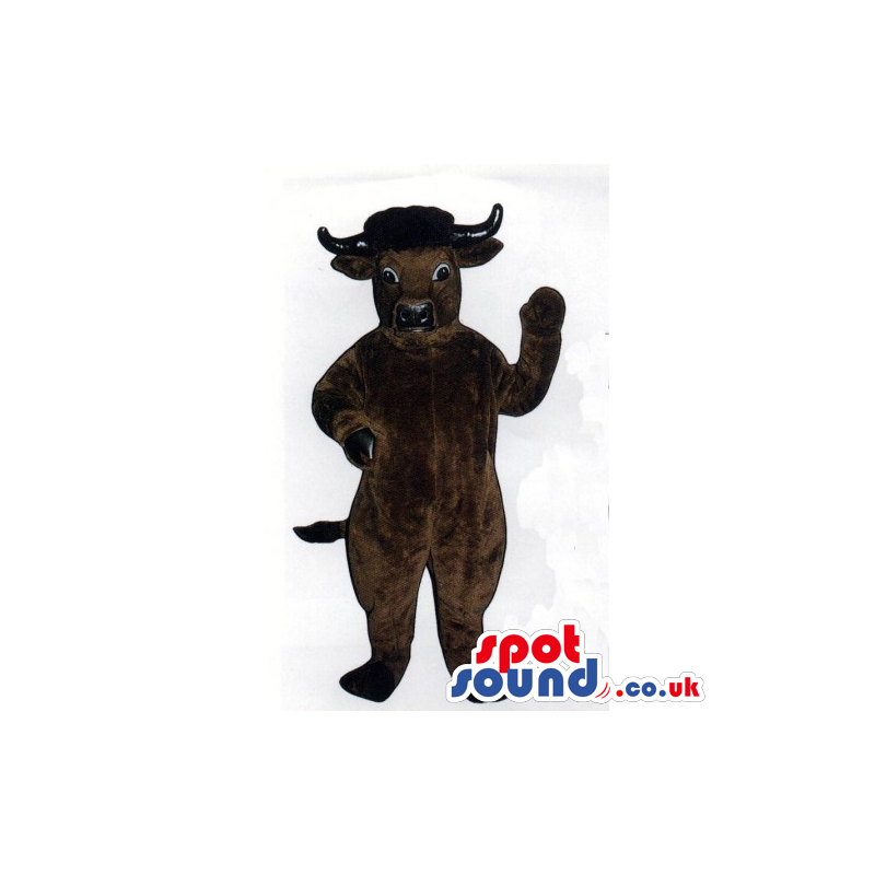 Standing brown bull mascot with black horns and a tail - Custom
