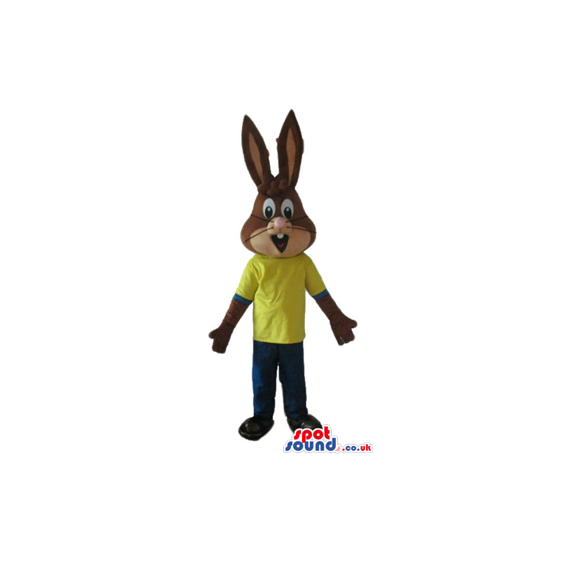 Brown rabbit wearing a yellow t-shirt and blue trousers -