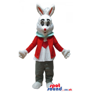 White rabbit with white and red ears wearing a white shirt with