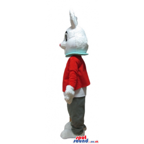 White rabbit with white and red ears wearing a white shirt with