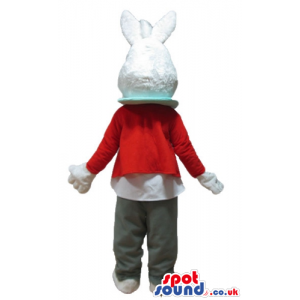 White rabbit with white and red ears wearing a white shirt with