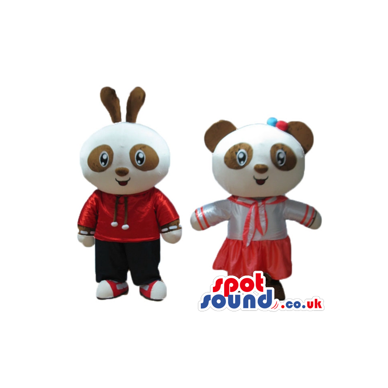 Couple of white panda bears wearing a red and white dress and a