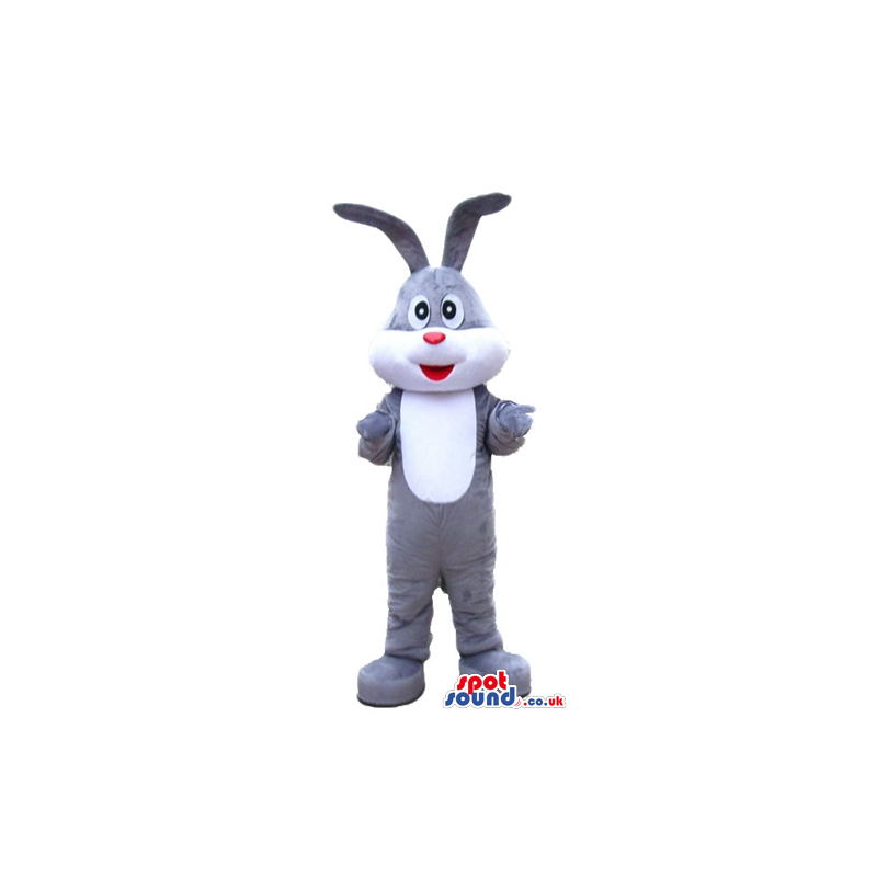 Grey rabbit with a white belly, big eyes and a red nose -