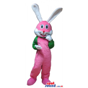 Pink rabbit with long white ears wearing a green jacket -